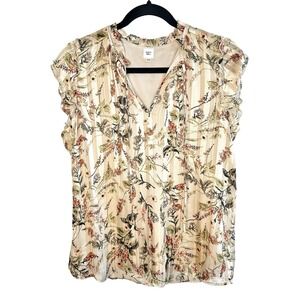 Autres Filles Floral V-Neck Blouse M Gold Lurex Metallic Stripe Ruffle Sleeve